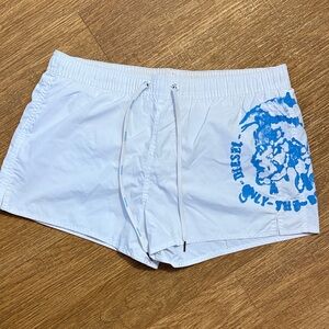 Vintage Diesel White Swim Shorts with Blue Graphic